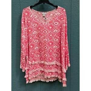 Anna Ocean Women's 3X Pink White Diamond Print Tiered Ruffle Long Sleeve Top‎